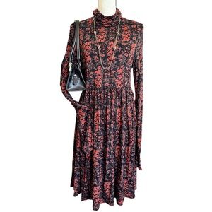 Forever 21 Whimsical Gothic Boho Black and Red Floral Print Dress | Medium
